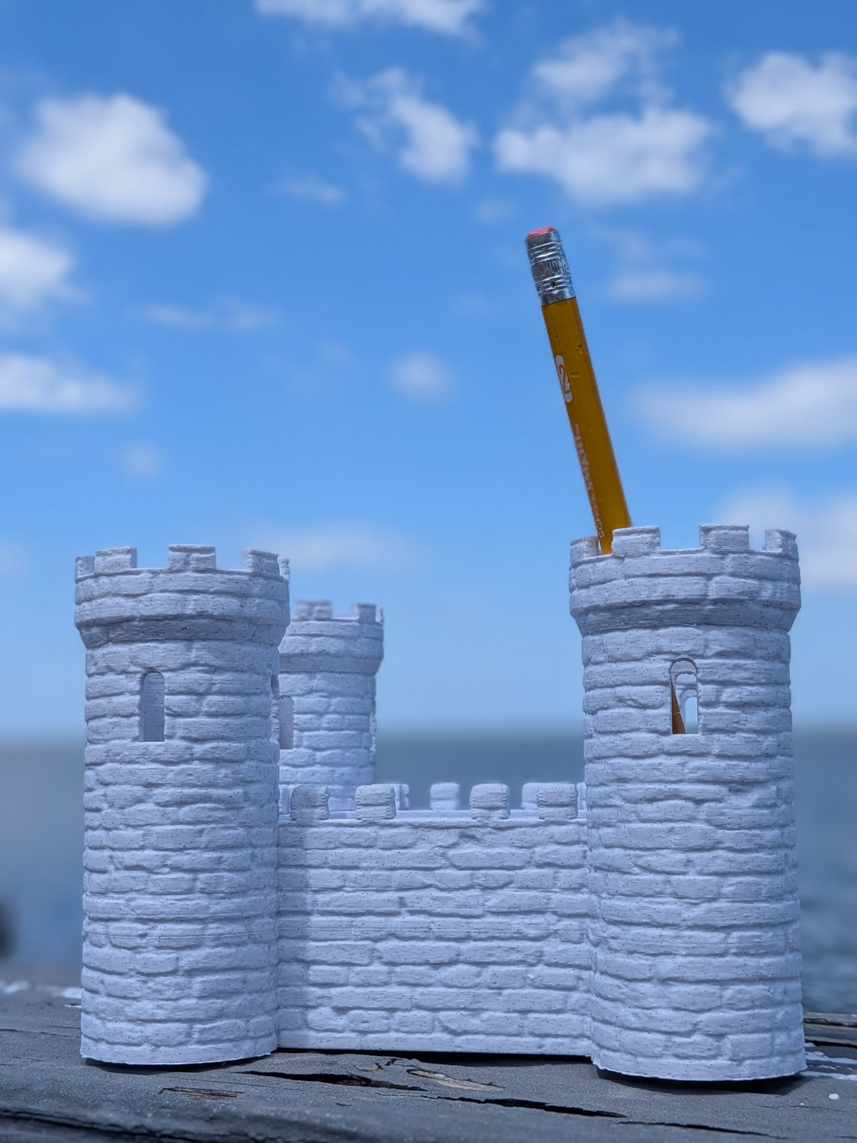 Castle desk organizer, close-up of turret and window details