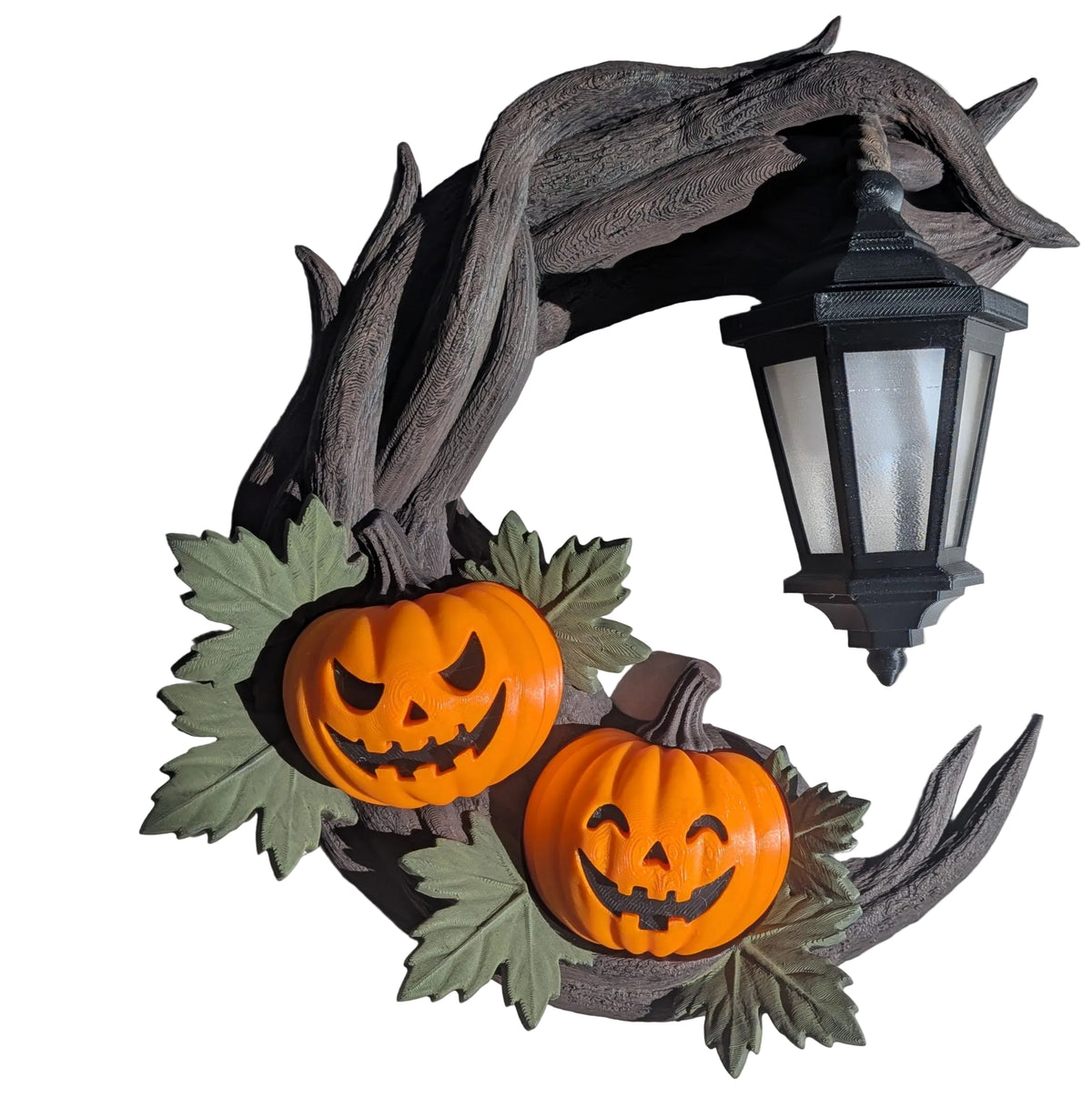 Crescent moon lantern wreath with jack-o-lanterns, leaves, and a hanging lantern silhouette