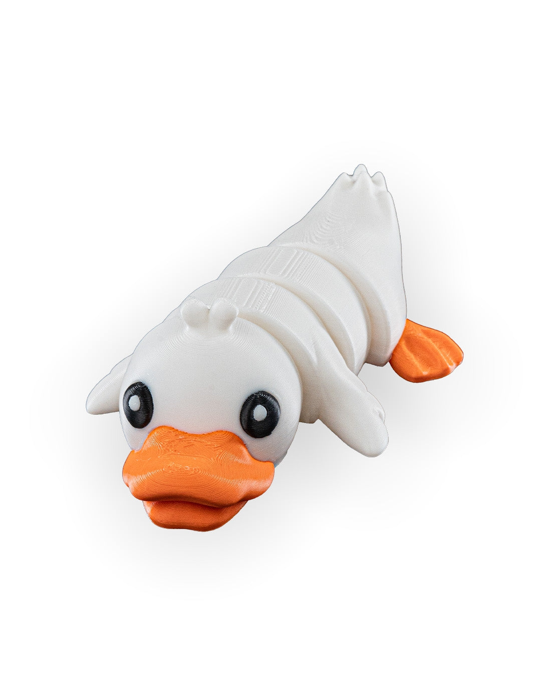Toy duck with a white body, orange beak, and feet on a white background