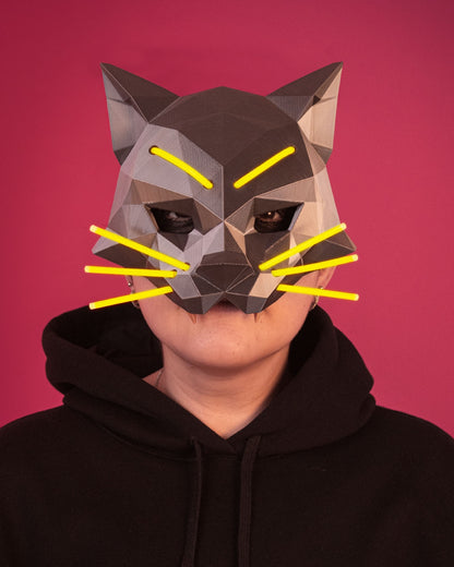 Black Cat Mask, 3D Printed Glow Stick Halloween Mask, Low Poly Cat Costume