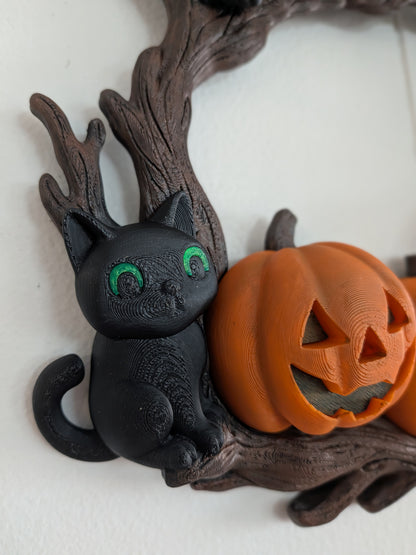 Black Cat Halloween Wreath | Hand-Painted 3D Printed Pumpkin & Cat Door Decor | Indoor Halloween Wall Hanging