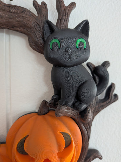 Black Cat Halloween Wreath | Hand-Painted 3D Printed Pumpkin & Cat Door Decor | Indoor Halloween Wall Hanging