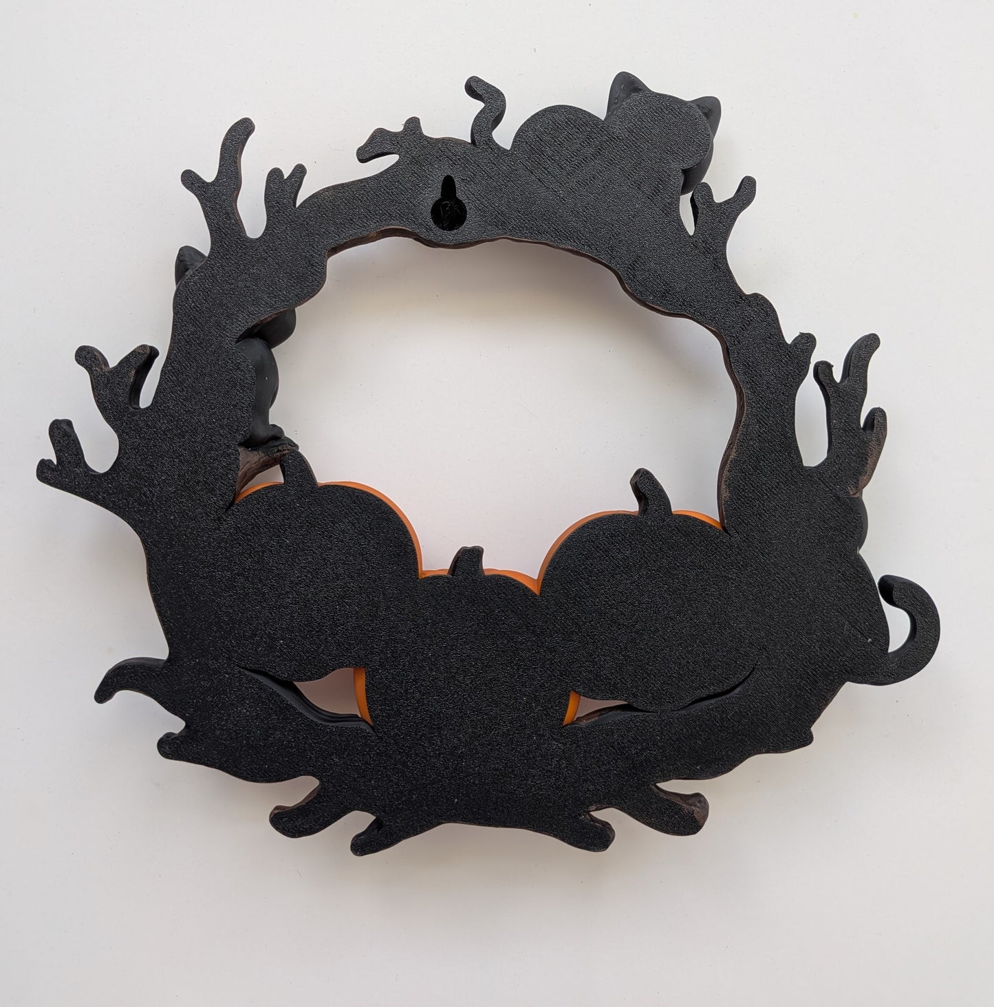 Black Cat Halloween Wreath | Hand-Painted 3D Printed Pumpkin & Cat Door Decor | Indoor Halloween Wall Hanging