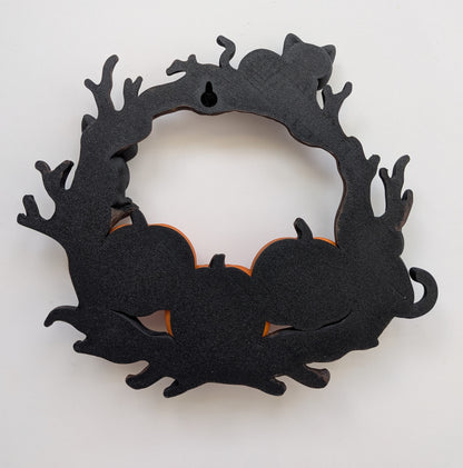 Black Cat Halloween Wreath | Hand-Painted 3D Printed Pumpkin & Cat Door Decor | Indoor Halloween Wall Hanging