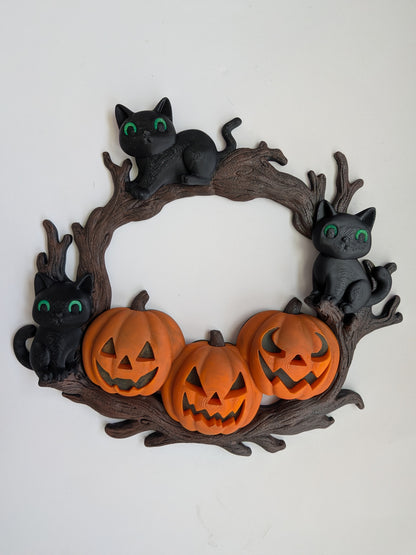 Black Cat Halloween Wreath | Hand-Painted 3D Printed Pumpkin & Cat Door Decor | Indoor Halloween Wall Hanging