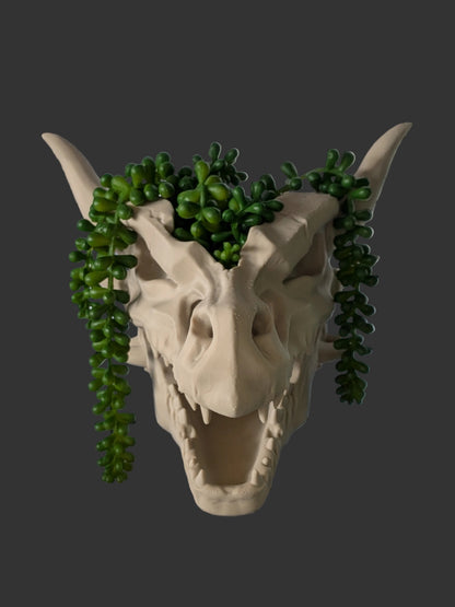 A beige horned skull wall sculpture with green trailing succulent plants growing from the forehead, displayed against a black wire grid backdrop.