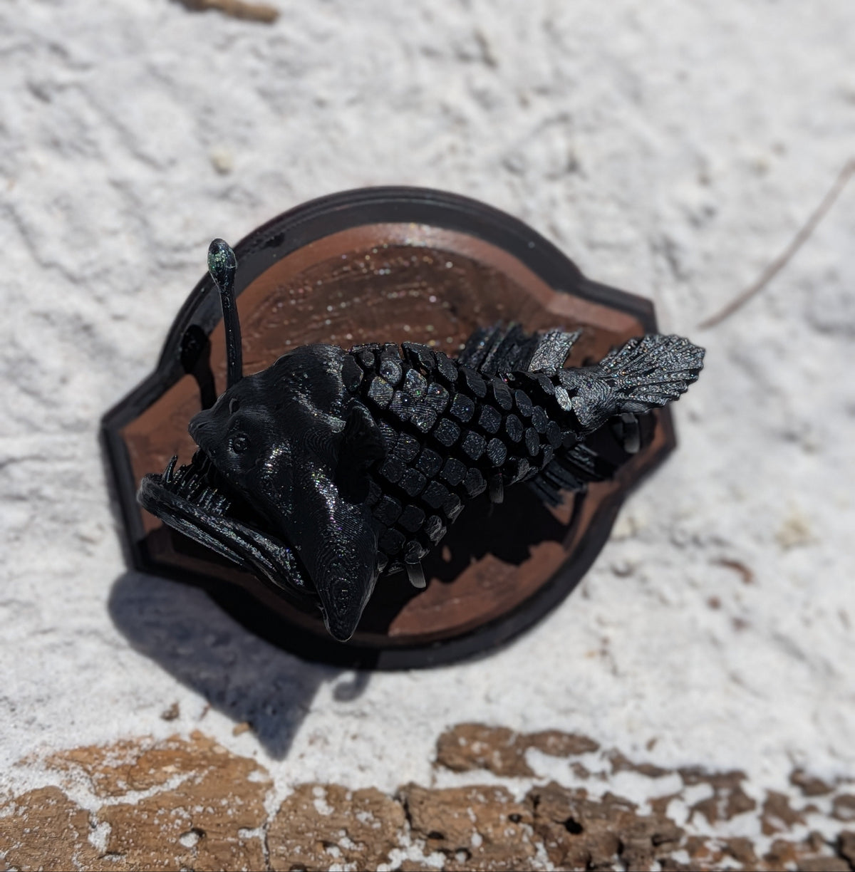 A black fish-shaped decorative plaque or wall mount with a textured scale pattern, mounted on a brown shield-shaped backing, photographed outdoors on a light sandy surface.