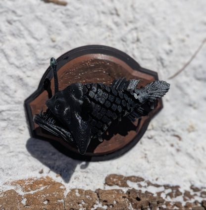 A black fish-shaped decorative plaque or wall mount with a textured scale pattern, mounted on a brown shield-shaped backing, photographed outdoors on a light sandy surface.