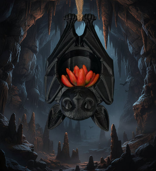 A black hanging bat-shaped planter with a small orange flower arrangement inside, suspended in front of a green trellis structure.