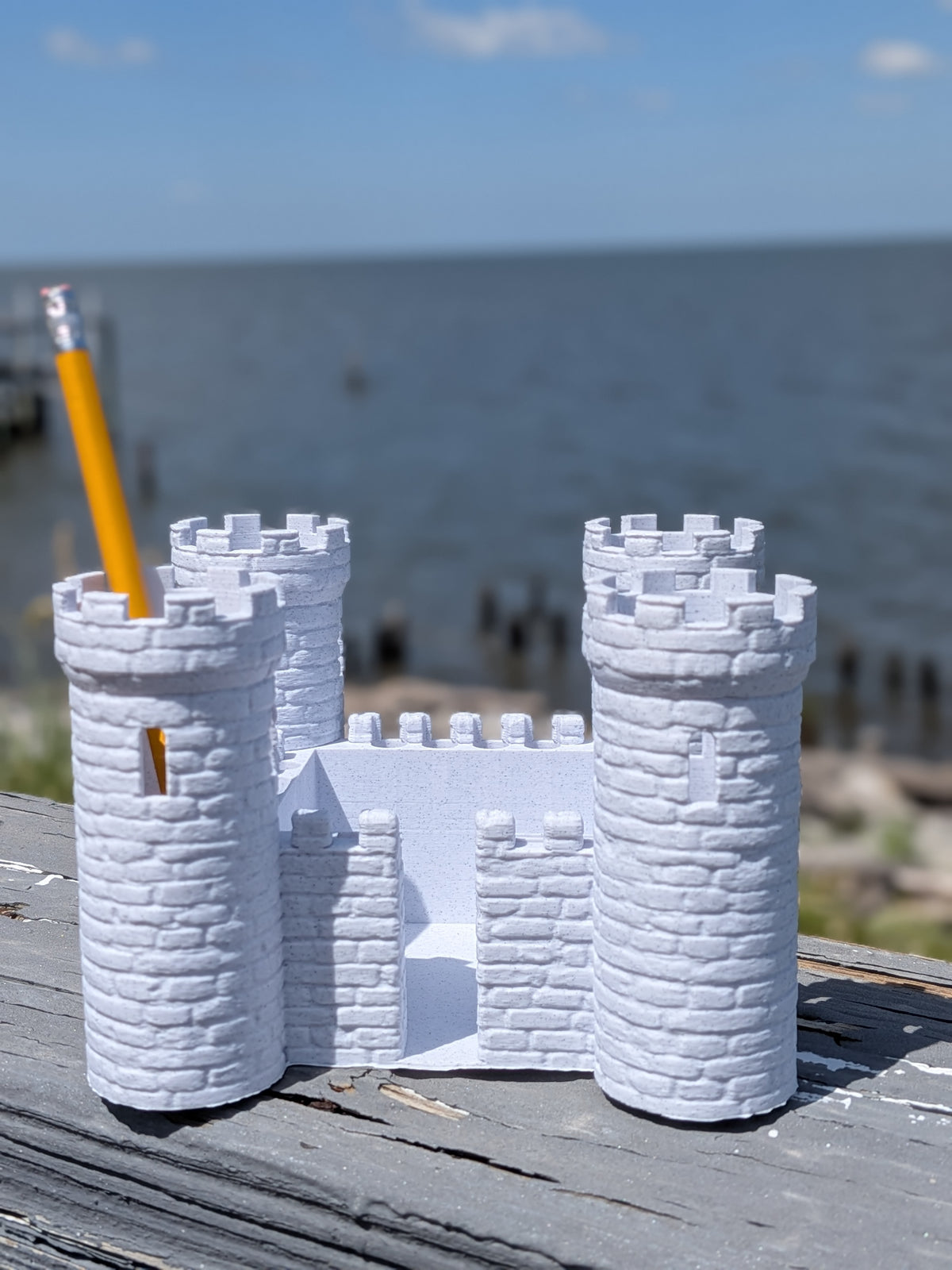 Castle desk organizer, front view of the towers and gate