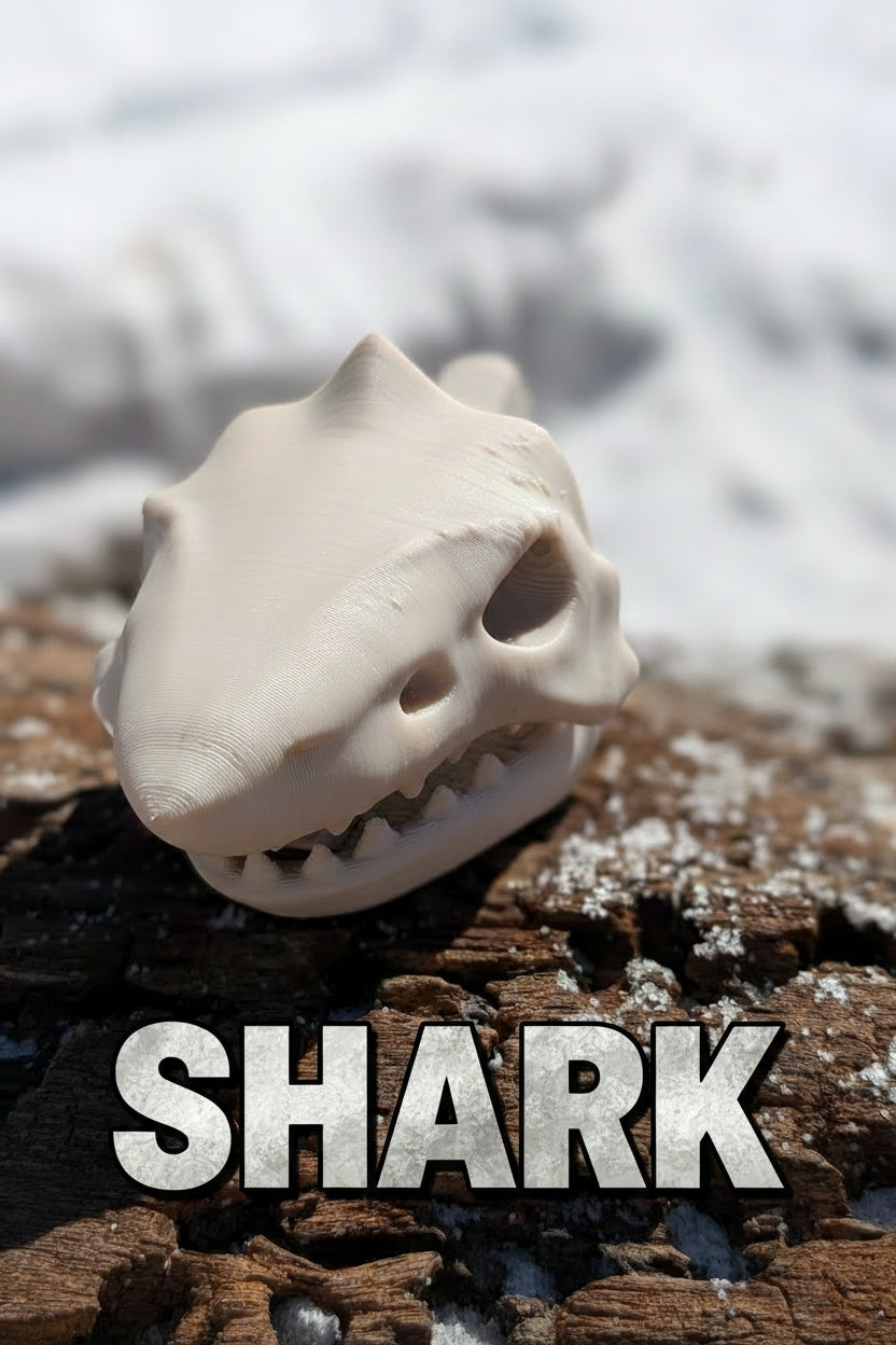 A small off-white animal skull replica, resembling a shark, resting on a textured brown log with snow in the blurred background.
