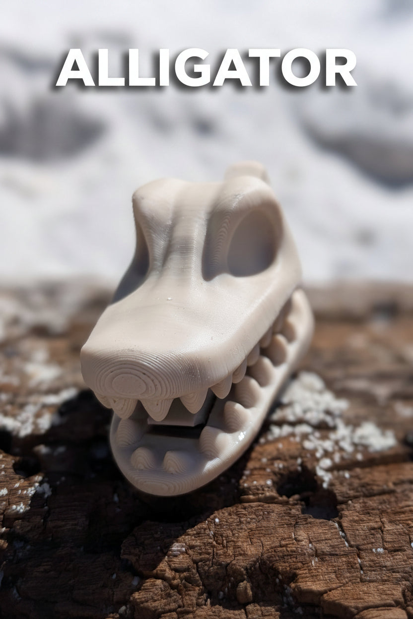 A small off-white 3D-printed animal skull-shaped object with teeth, photographed outdoors on a textured brown surface with a blurred snowy background.