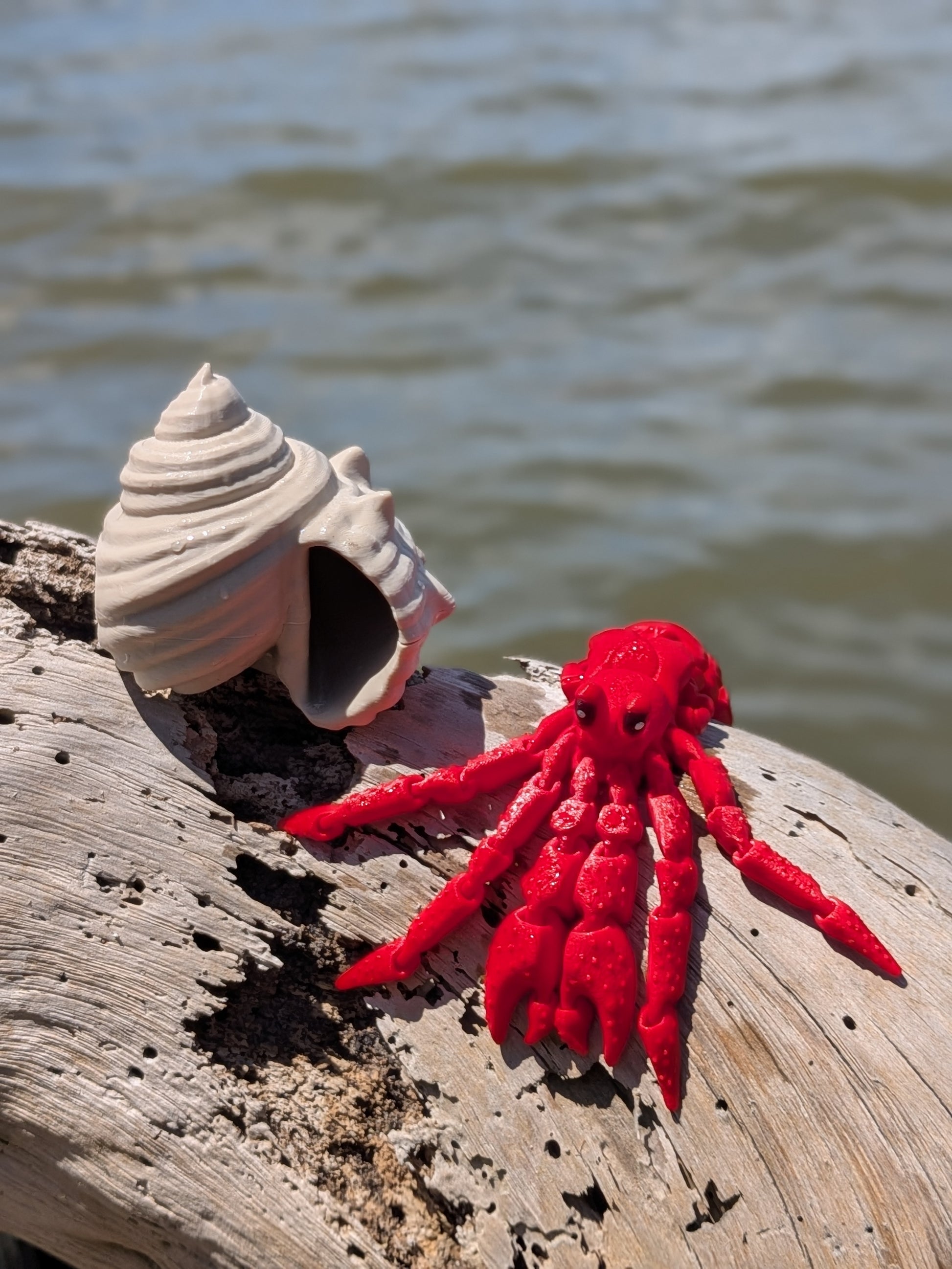 A bright red octopus-shaped seashell ornament displayed on weathered driftwood next to a natural seashell, with a blurred body of water in the background.