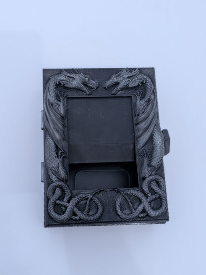 Carved twin-dragon deck box, closed lid, top view