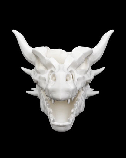 A white 3D-printed dragon skull model shown from a front-facing perspective against a solid black background.