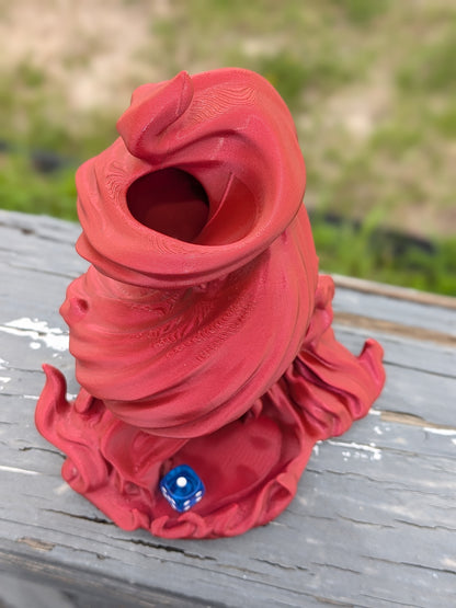Red flame-shaped 3D printed dice tower with built-in dice tray base