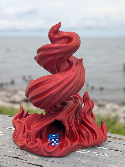 Front view of the red flame dice tower dice roller