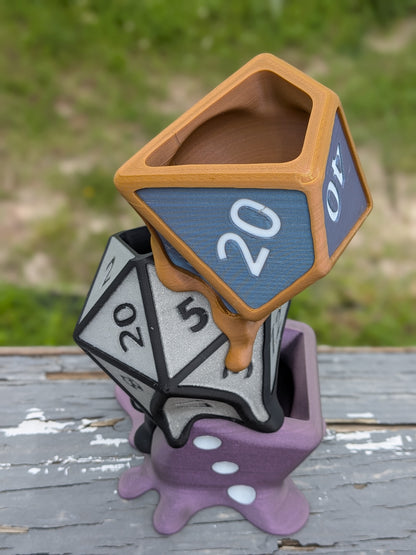 Melting dice planter, close-up of the D20 die faces