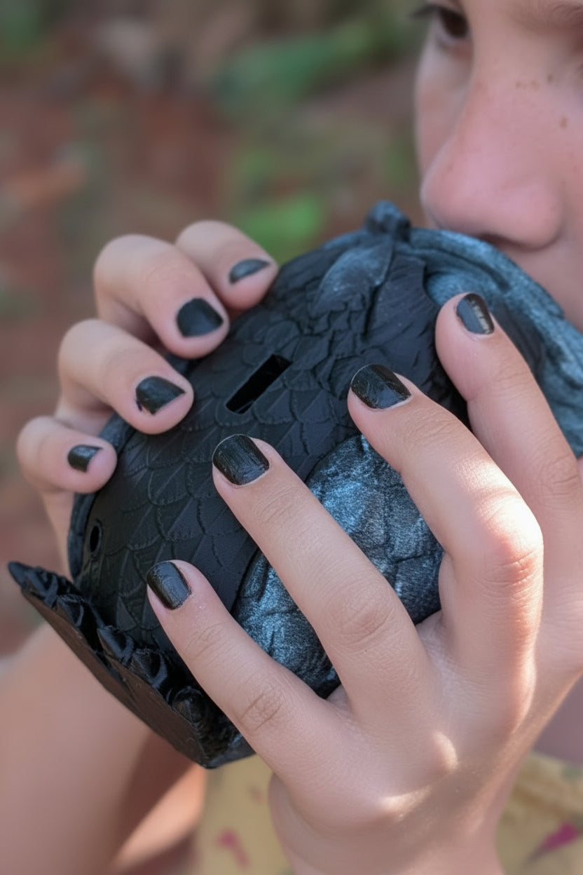 A close-up lifestyle shot of a person holding a black textured, snake-skin-patterned object outdoors.