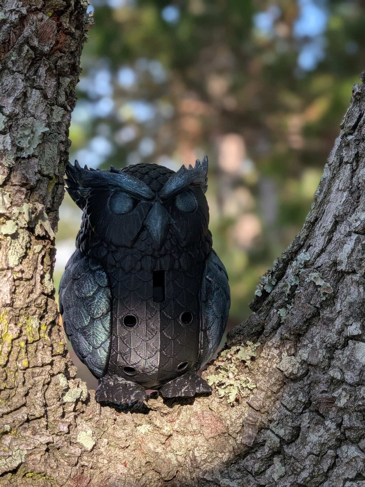 A black owl-shaped outdoor light or sensor mounted on a tree trunk, with a blurred forest background.