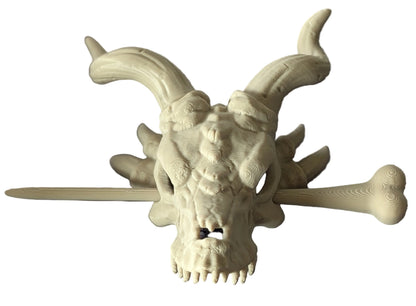 Front view of dragon skull hair stick with horns, fangs, and bone fork