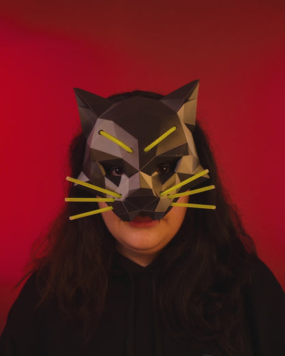 Black Cat Mask, 3D Printed Glow Stick Halloween Mask, Low Poly Cat Costume