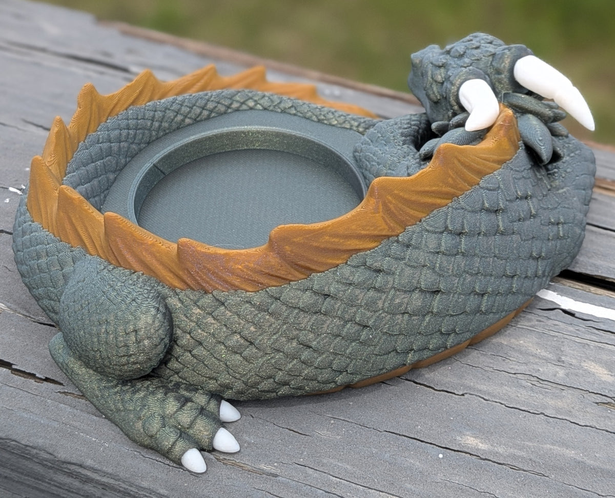 Sleeping dragon D20 planter, top-down view into the planter cavity