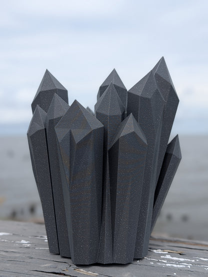 Faceted crystal cluster vase, front view with tall jagged points